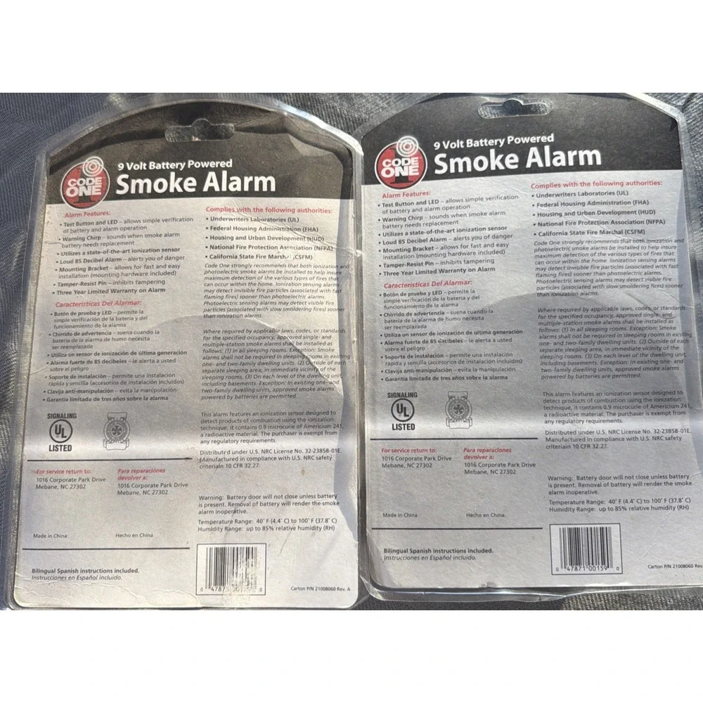 CODE ONE Smoke Alarm Detector Model- i90030~ 9 Volt Battery Powered Lot Of 2